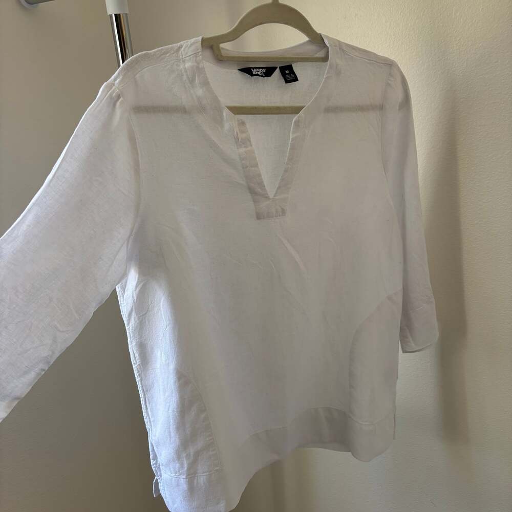 Lands' End Womens Linen Split Neck 3Q Tunic White Regular Size Medium